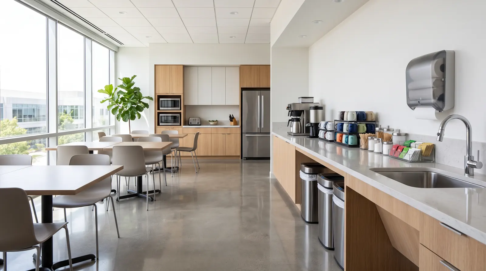 A bright office breakroom kept spotless midday, wiped counters, a clean coffee station, emptied trash bins and fresh paper towels in a dispenser