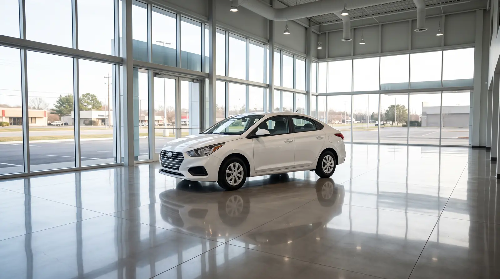 Auto Dealership Cleaning | Music City Cleaner A gleaming clean car dealership showroom with a polished floor and large glass windows, a plain white sedan reflected in the floor