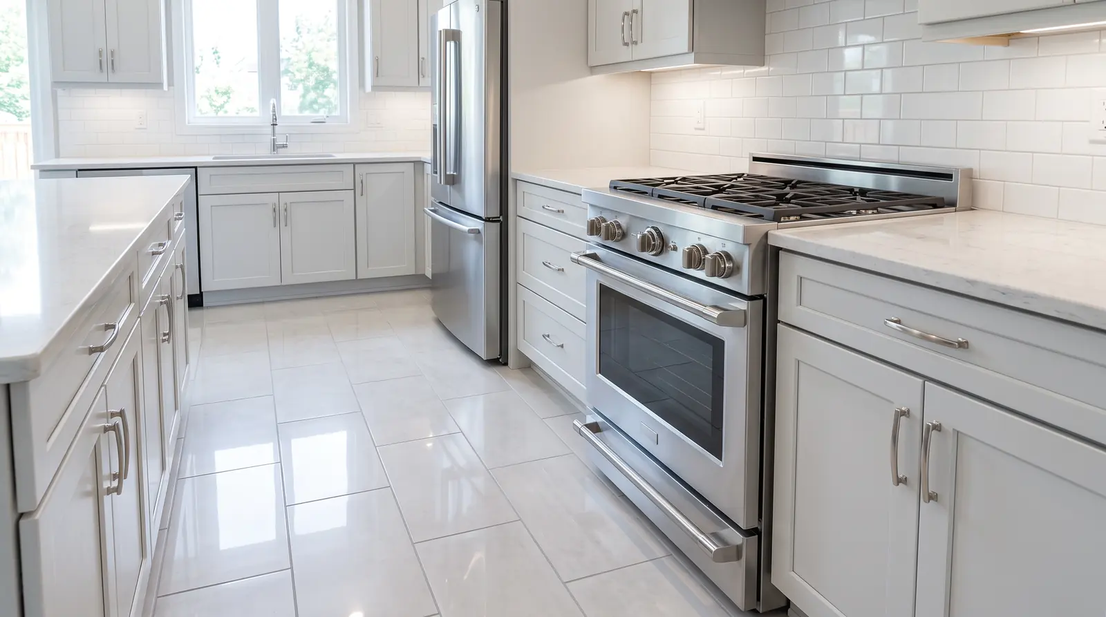 Deep Cleaning | Music City Cleaner A deep-cleaned bright kitchen with a sparkling stove, shining tile grout, spotless baseboards and a clean tile floor