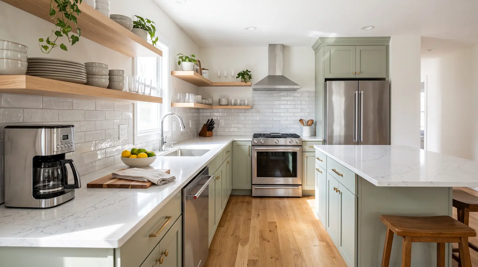 Short-Term Rental Deep Clean and Reset | Music City Cleaner A gleaming vacation rental kitchen after a deep clean, polished stainless steel appliances, spotless quartz countertops, a sparkling tile backsplash and neatly organized open shelves