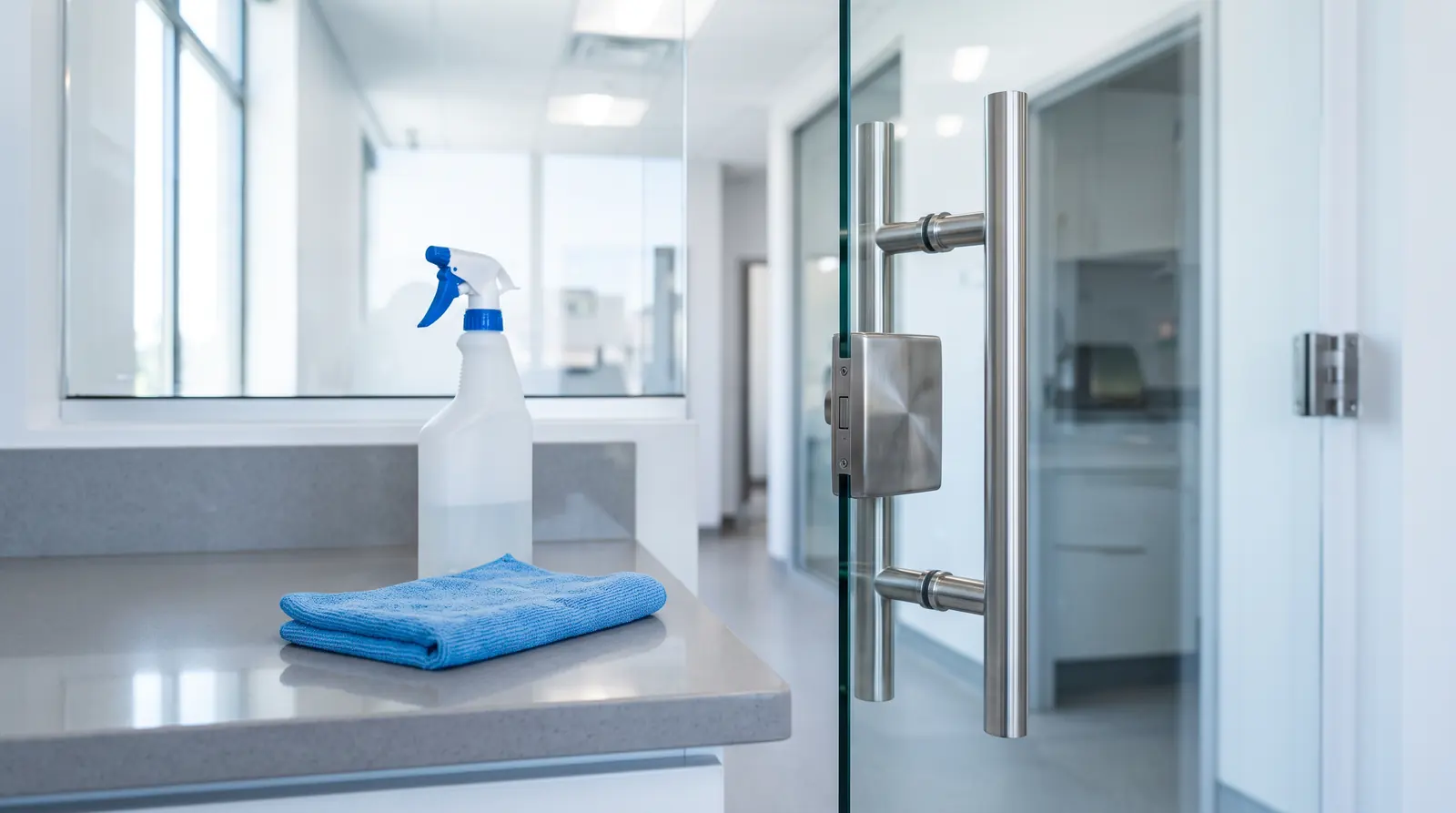 A gleaming stainless steel door handle and glass door beside a spray bottle of disinfectant and a folded microfiber cloth on a clean counter, bright clinical light