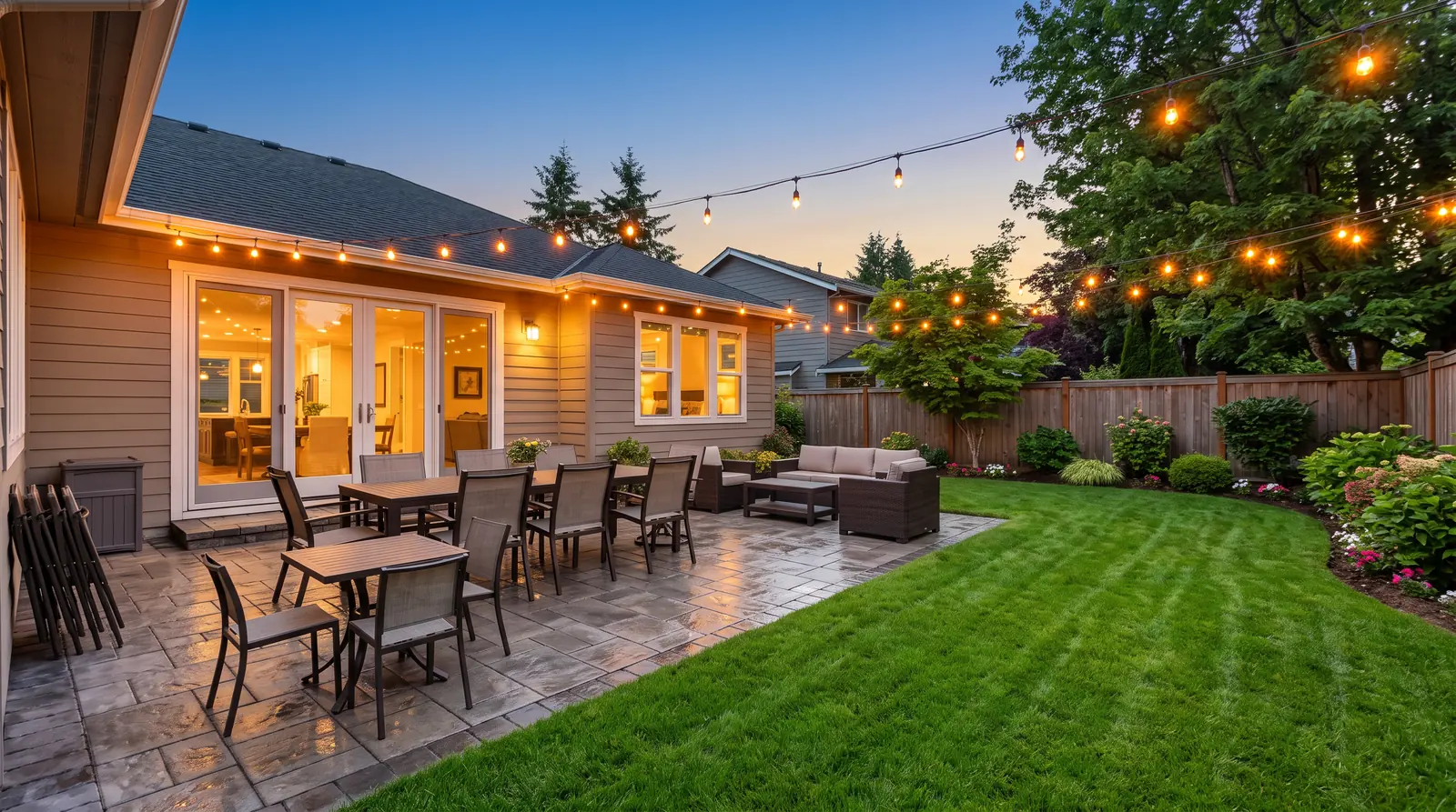 A clean patio and backyard after a party cleanup with tables wiped, string lights glowing at dusk and a tidy lawn