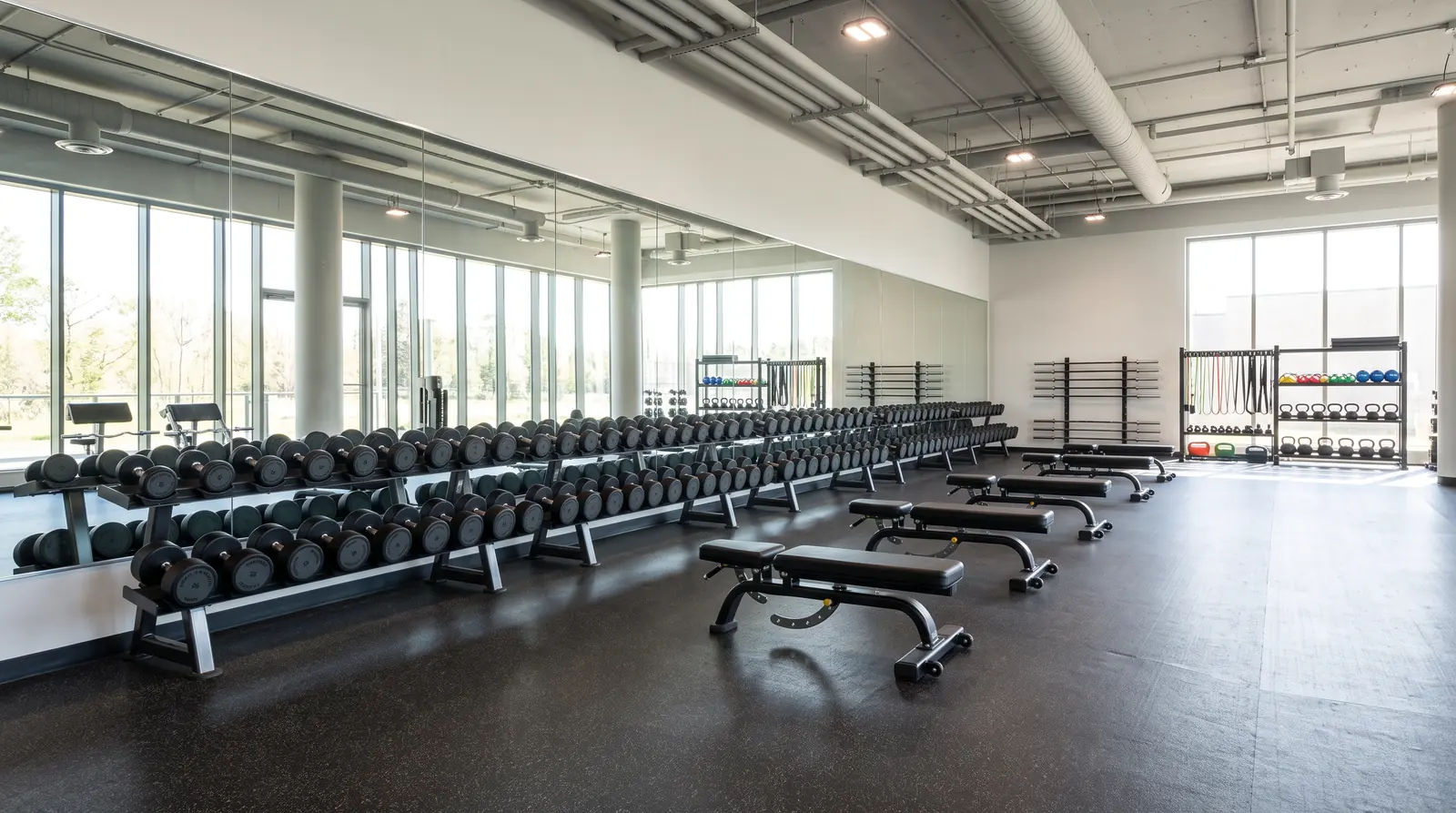 A clean bright gym floor with neatly racked dumbbells, wiped benches and sparkling mirrors on a polished rubber floor