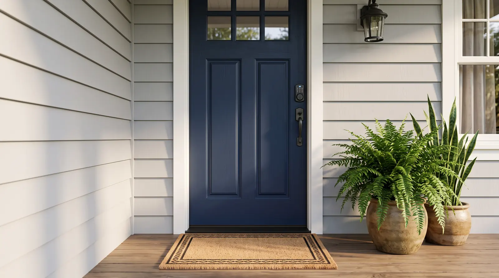 Flexible Scheduling Around Your Needs | Music City Cleaner A clean welcoming front door of a vacation rental with a smart lock, a doormat and a potted plant in soft morning light