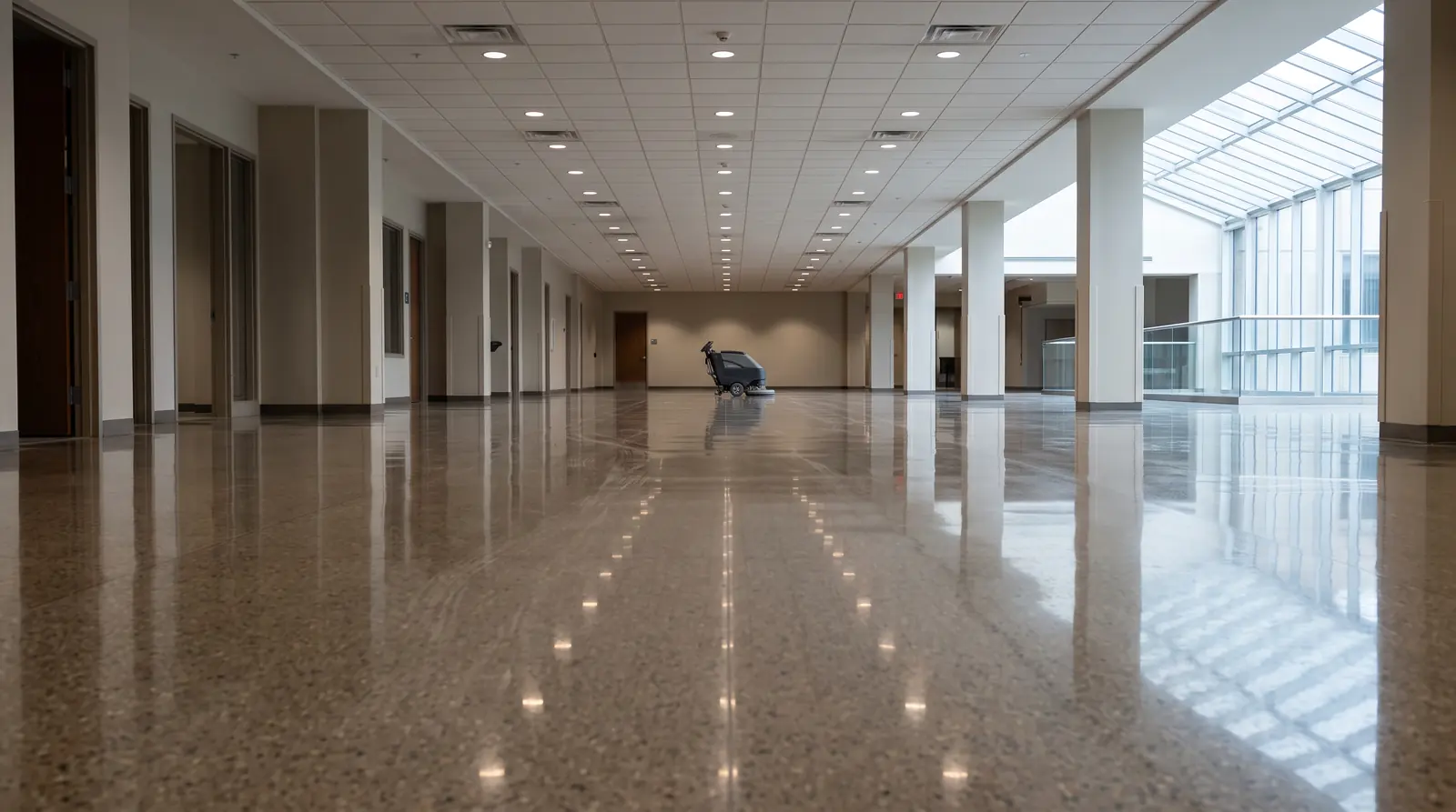 Floor Care and Polishing | Music City Cleaner A glossy freshly buffed polished floor in a large commercial hallway with a clear reflection of the ceiling lights and a floor machine parked at the far end