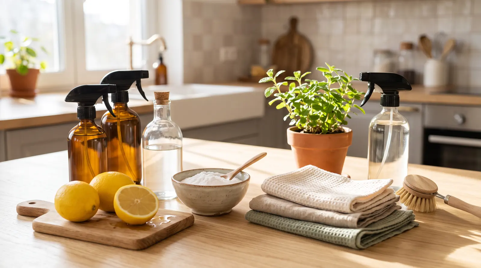 Eco-friendly cleaning supplies on a bright wooden counter: glass spray bottles, a bowl of baking soda, fresh lemons, white vinegar, reusable cloths and a small green plant