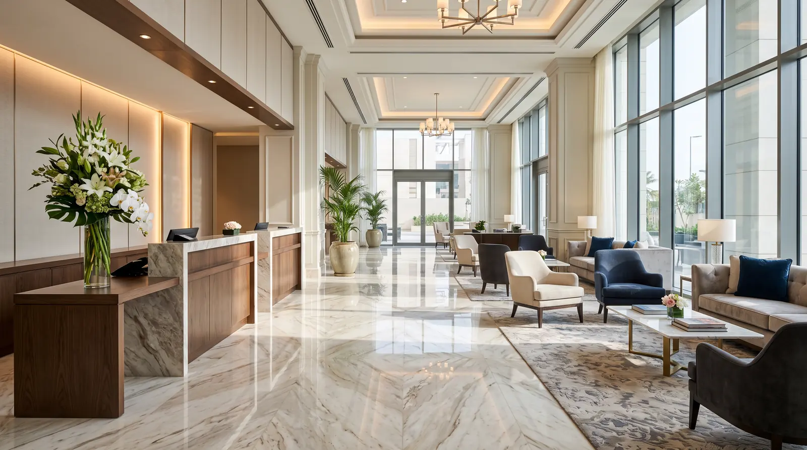 A bright clean hotel lobby with elegant seating, a polished marble floor, a tidy front desk and fresh flowers