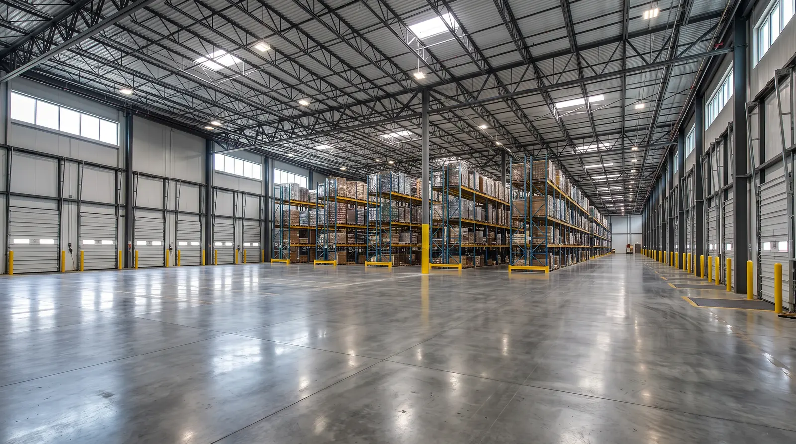 A large clean warehouse with swept polished concrete floors, tidy rows of shelving and loading dock doors, bright light