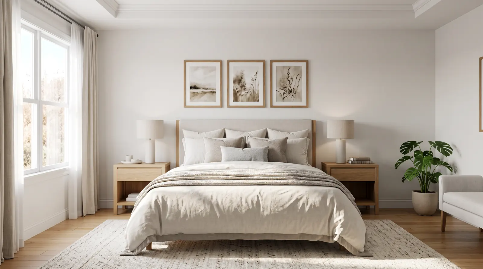 Inspection and Photo-Ready Checks | Music City Cleaner A perfectly staged rental bedroom shot straight-on like a listing photo, made bed, matching nightstand lamps, framed art, window light, every surface spotless and styled