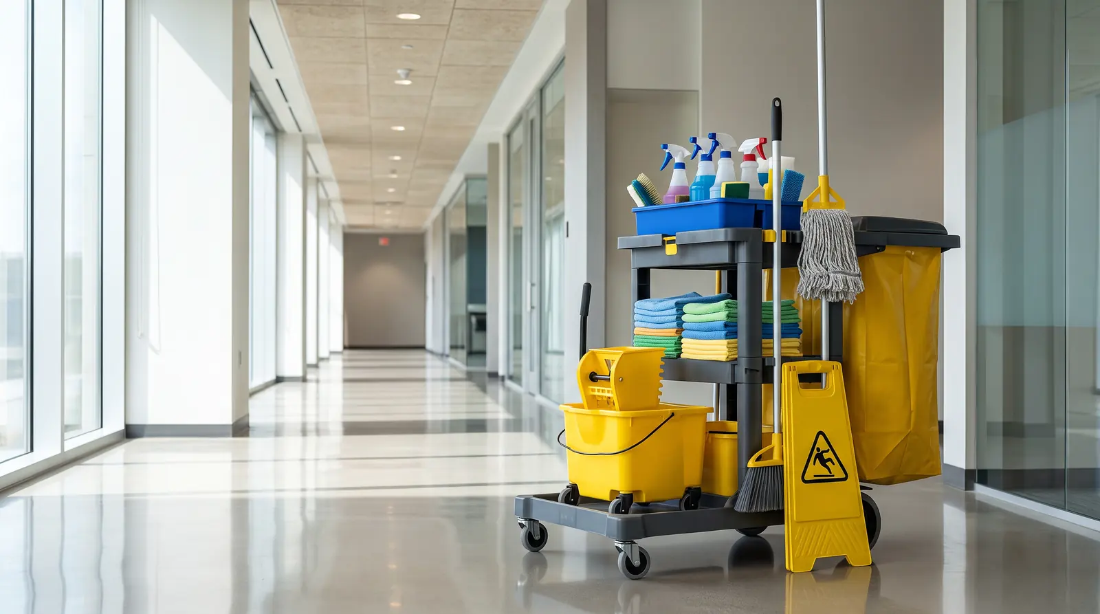 Janitorial Service | Music City Cleaner A professional janitorial cart with microfiber cloths, spray bottles, a mop and a supply caddy standing in a bright clean office corridor with gleaming floors