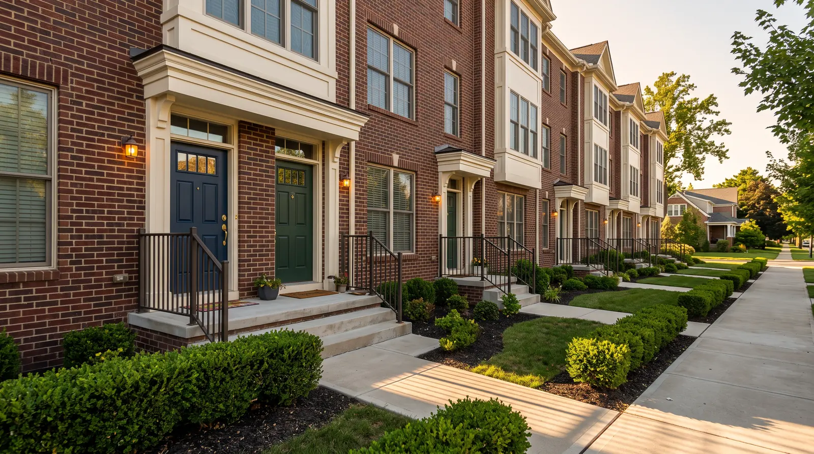 A neat row of matching brick townhome rental units with clean entry doors, trimmed hedges and tidy porches in warm afternoon light