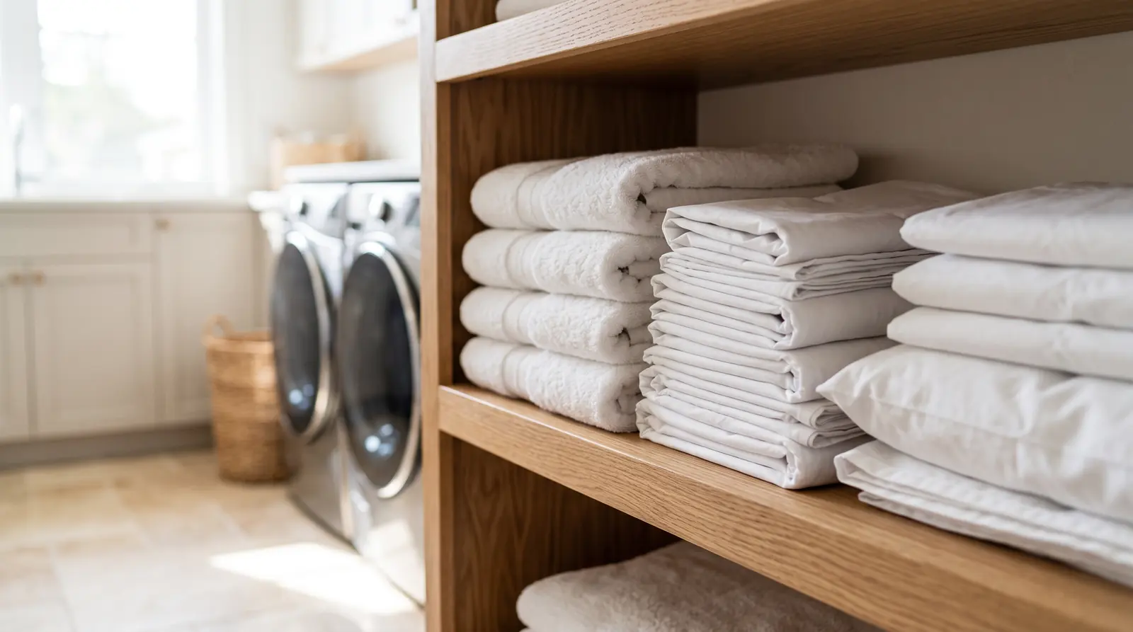 Linen and Laundry Service | Music City Cleaner Neatly folded stacks of crisp white bath towels, sheets and pillowcases on a wooden shelf in a bright laundry room with a front-load washer and dryer softly blurred behind