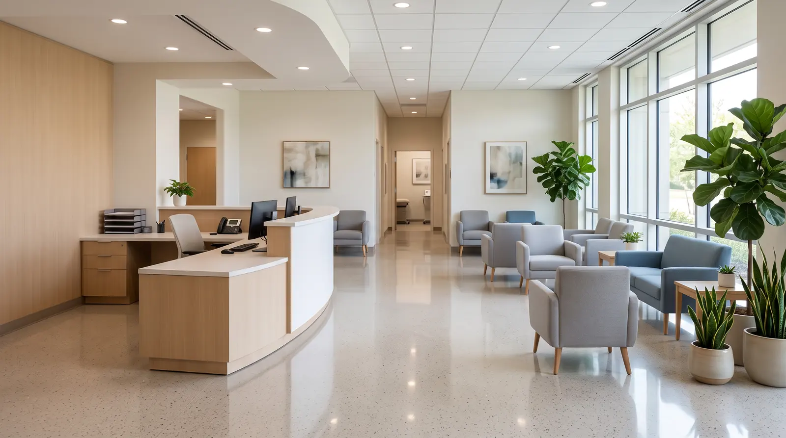 A clean modern medical office waiting room with comfortable chairs, a tidy reception desk, gleaming floors, soft light and plants