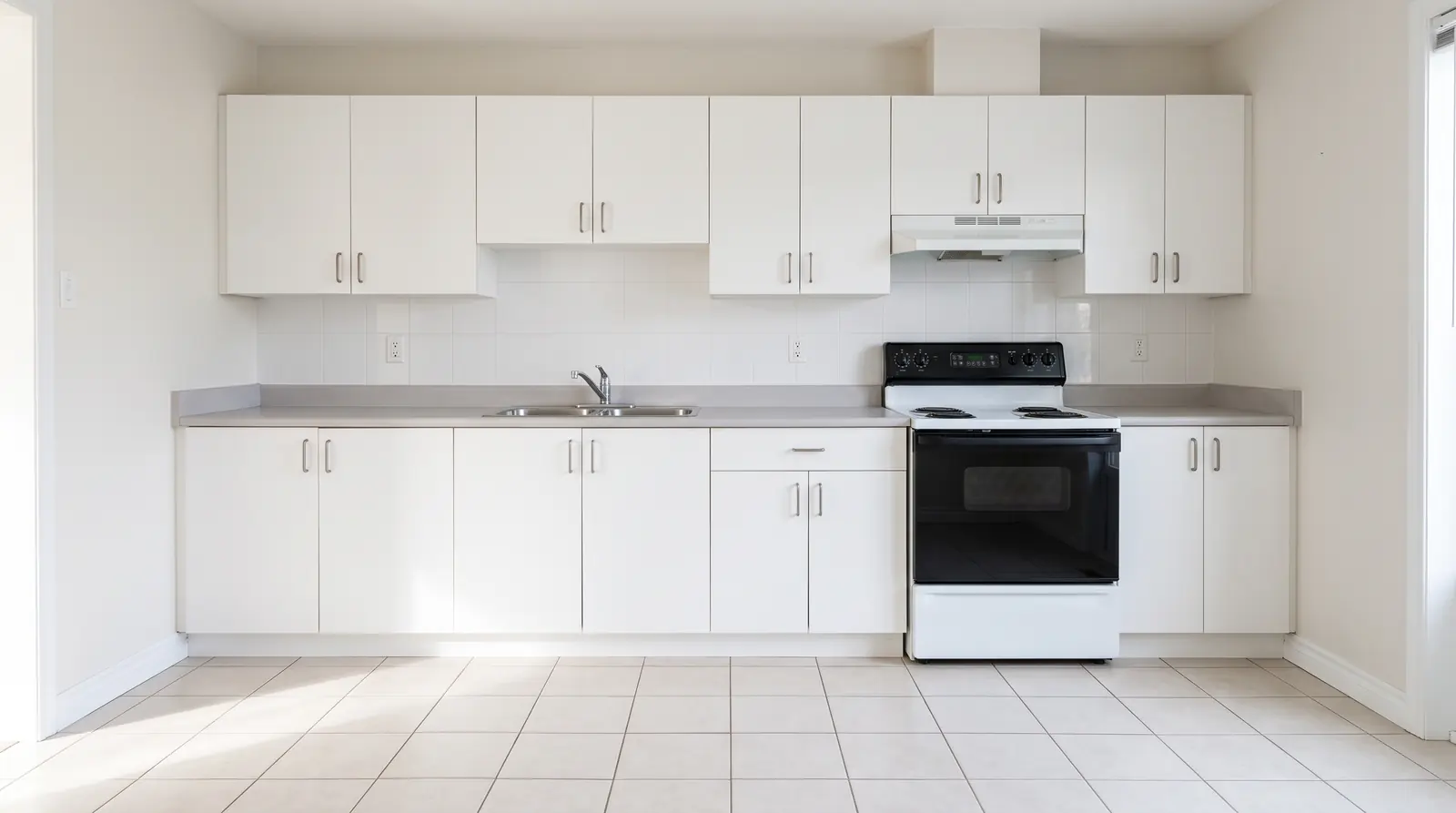 Move-Out Cleaning | Music City Cleaner An empty spotless rental kitchen with open cabinets, clean countertops, a shining stove and sink, a clean light floor and no furniture, bright daylight
