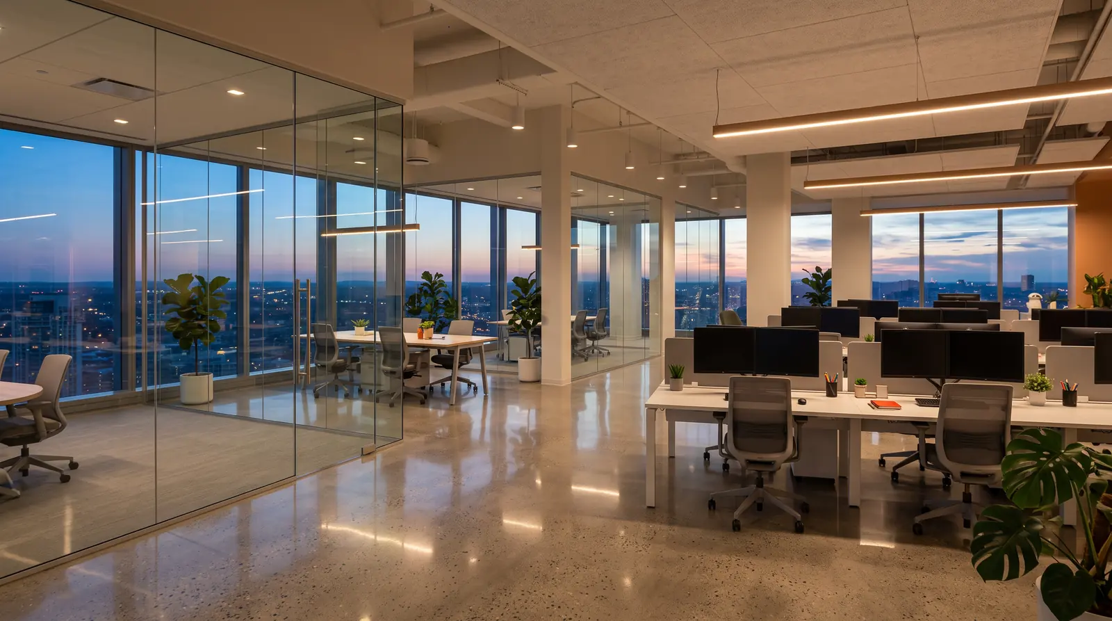 Office Cleaning | Music City Cleaner A bright open-plan office after hours with tidy desks, clean glass partitions, shining floors and a city view at dusk, no one present