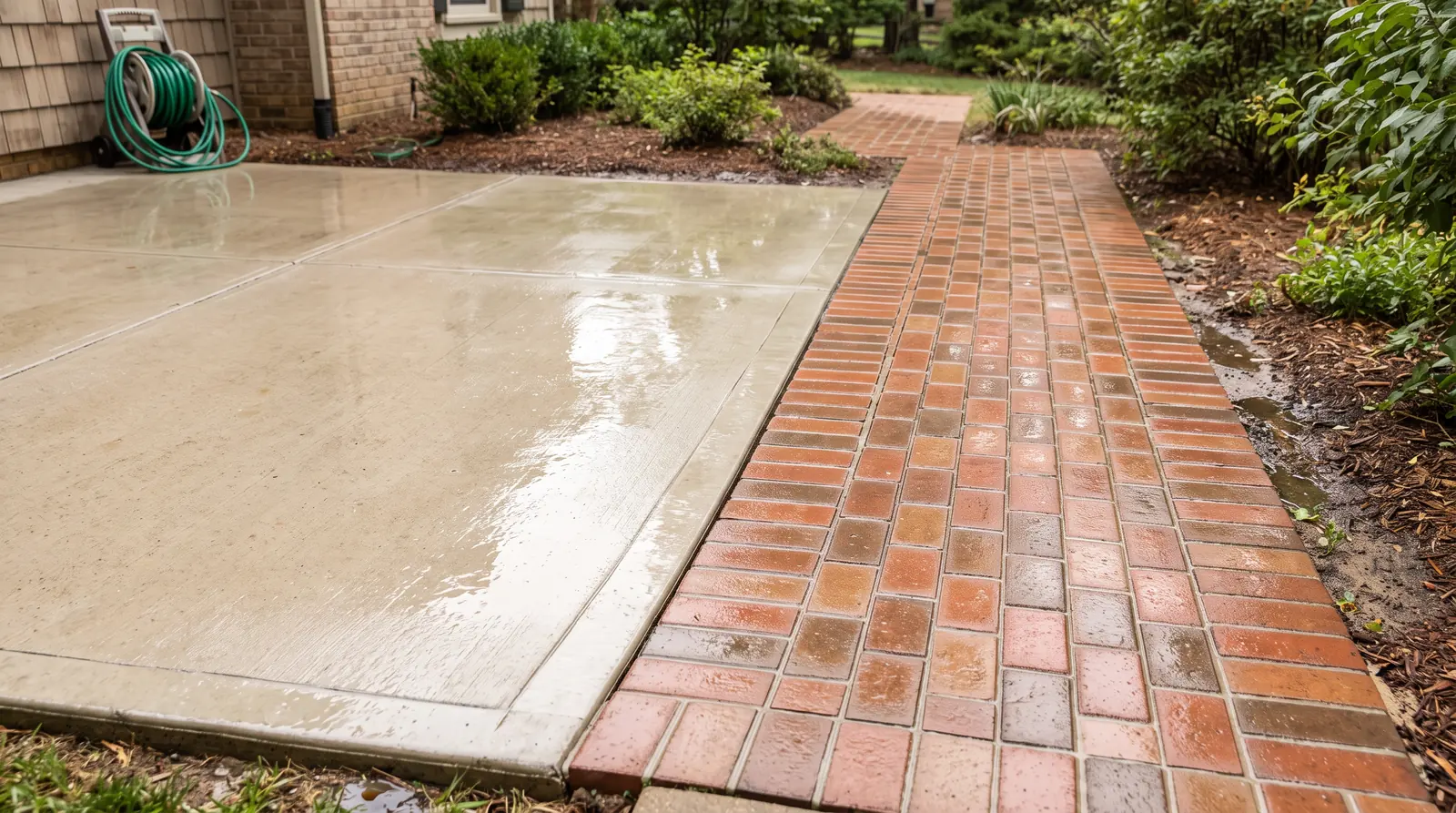 Pressure Washing | Music City Cleaner A freshly pressure washed light concrete patio and brick walkway with crisp clean lines and a wet shine, a hose neatly coiled beside it
