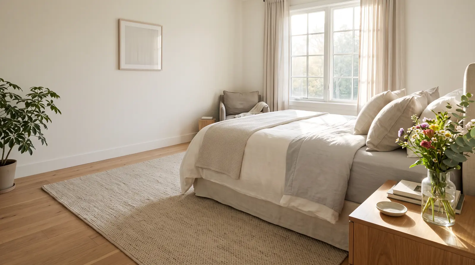 Recurring Home Cleaning | Music City Cleaner A calm tidy bedroom with a made bed, fresh linens, a freshly vacuumed rug, sunlight and a vase of flowers