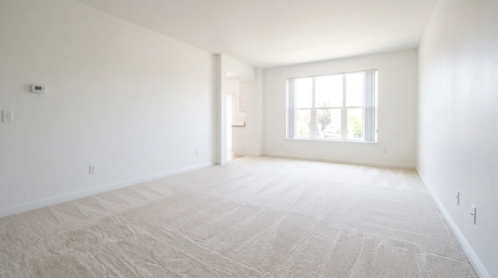 An empty clean rental house living room with fresh white walls, spotless carpet with vacuum lines and a bright window, ready for a new tenant