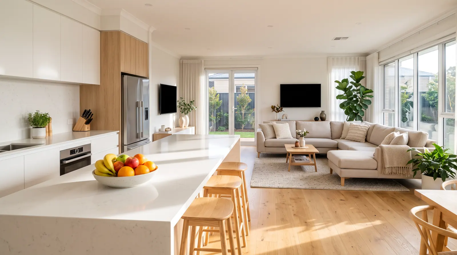 Residential Cleaning | Music City Cleaner A sunny clean family kitchen and living room with a fruit bowl on shining counters and a tidy sofa