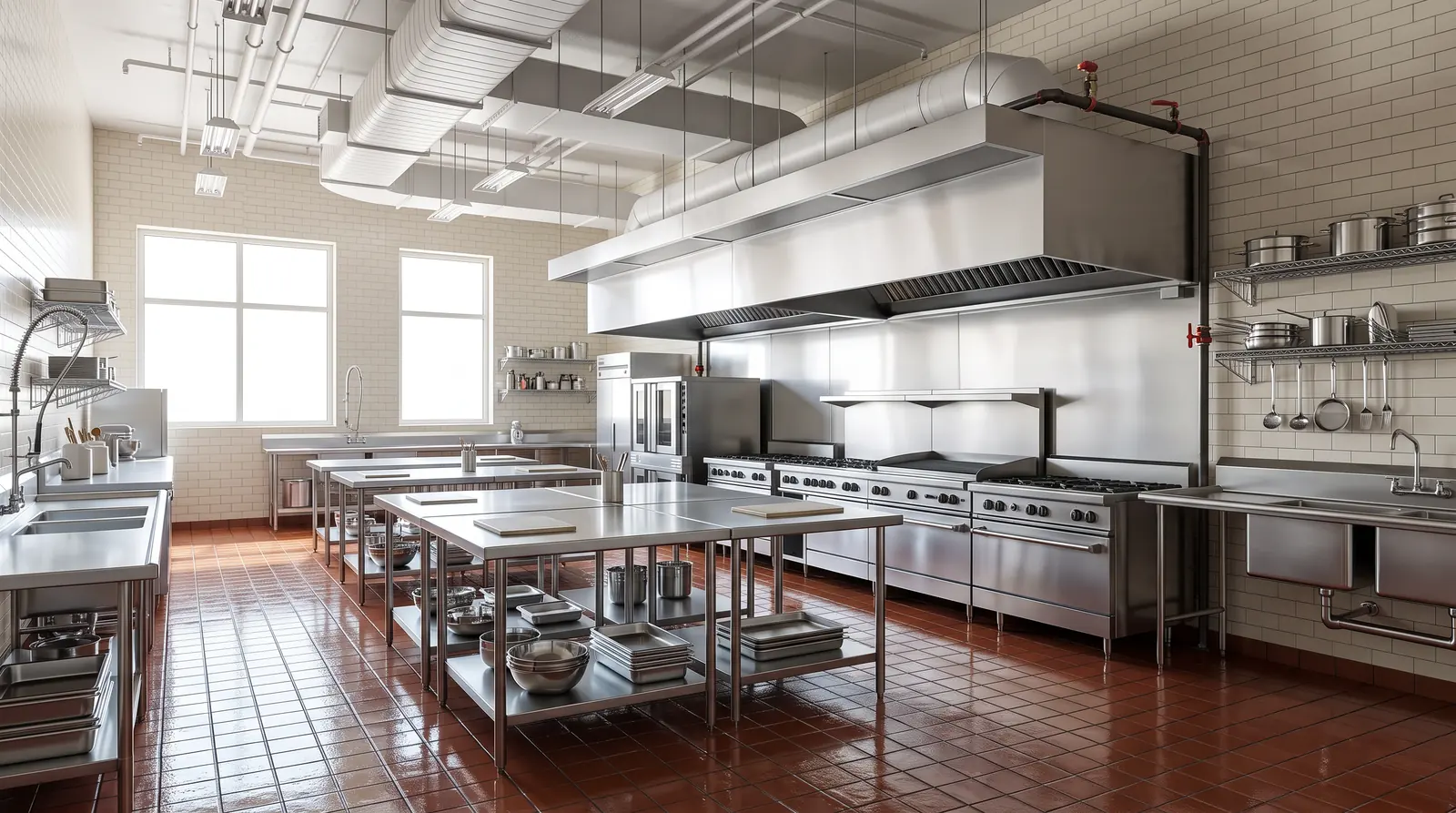 A spotless commercial restaurant kitchen with stainless steel prep tables, a clean range hood and a shining tile floor, bright light