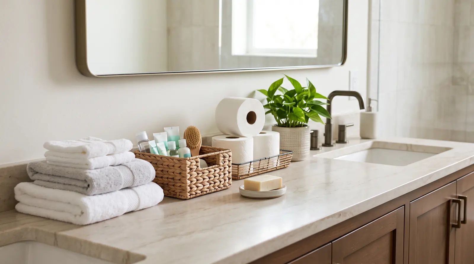 A tidy bathroom vanity with a fresh stack of towels, a basket of travel-size toiletries, spare toilet paper rolls, a new soap bar and a small plant, all neatly arranged