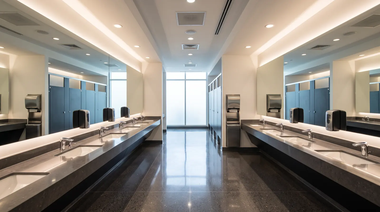A spotless modern commercial restroom with gleaming sinks and mirrors, full soap and towel dispensers and a polished floor, bright light