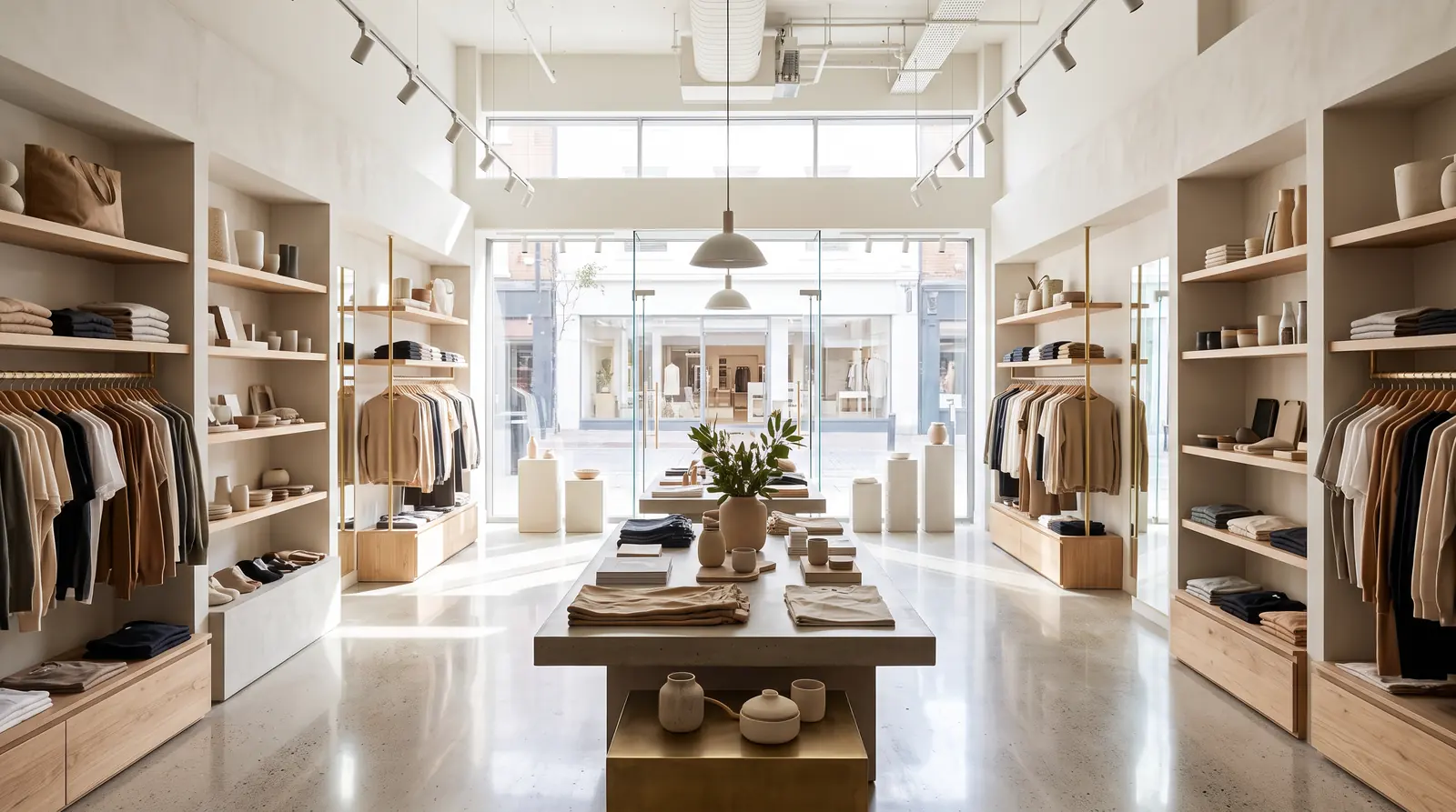 A bright clean boutique retail store with neatly stocked shelves, a polished floor and a clear glass storefront