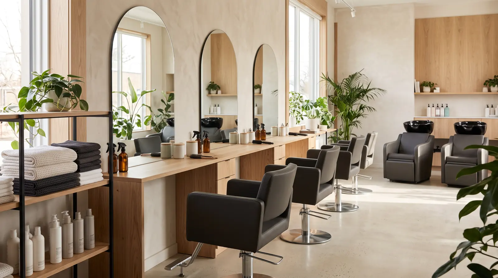 Salon and Spa Cleaning | Music City Cleaner A clean serene hair salon with styling chairs, spotless mirrors, a tidy counter and a neat stack of towels