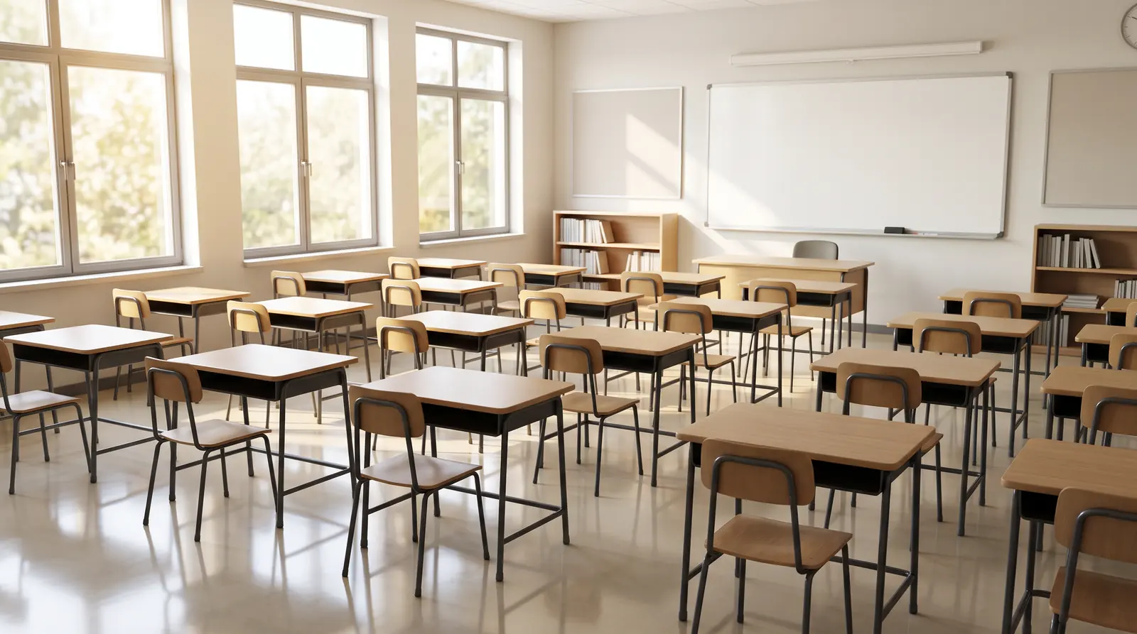 A clean bright classroom with tidy rows of desks, a clean whiteboard, a shining floor and sunlight from tall windows