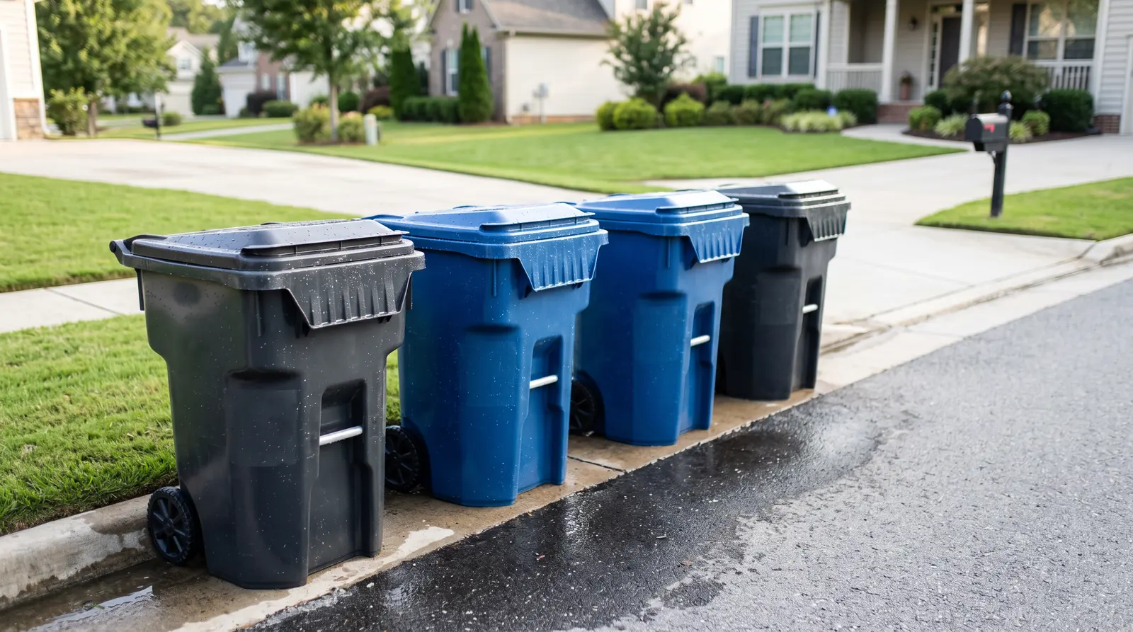 Trash Bin Cleaning and Sanitizing | Music City Cleaner A row of clean rolling trash bins and recycling bins gleaming after washing, with a wet shine at the curb of a tidy suburban home