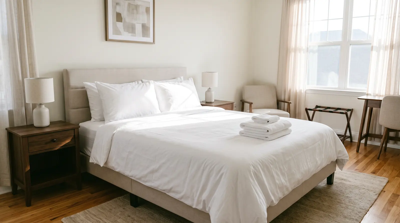 Same-Day Turnover Cleaning | Music City Cleaner A freshly made queen bed with crisp white hotel-style linens, three fluffed pillows and folded towels at the foot, an empty tidy room ready for the next guest, bright morning light