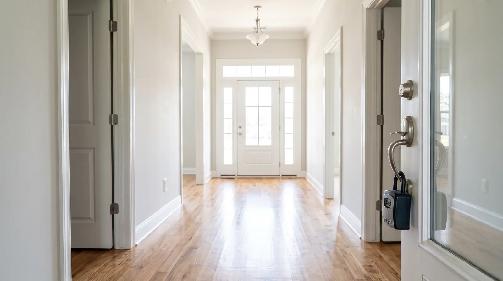 A bright empty house interior with a clean hallway, polished floor and light coming through the glass of the front door, a lockbox hanging on the door handle
