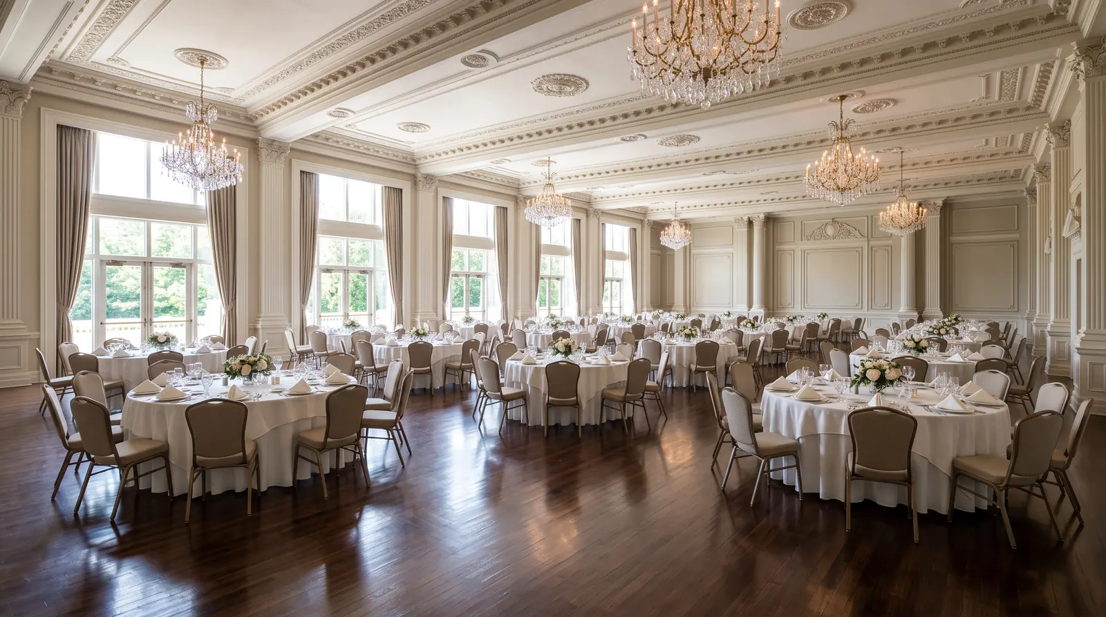 A beautiful event venue ballroom after cleanup with round tables set, a spotless floor, chandeliers and tall windows