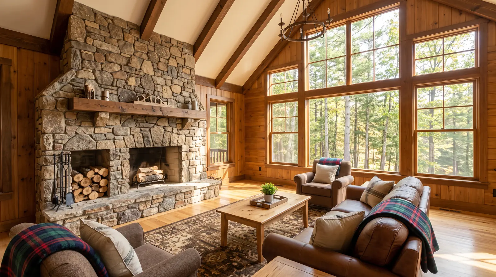 Vacation Rental and VRBO Cleaning | Music City Cleaner A sunny vacation rental cabin great room with a stone fireplace, plaid throw blankets neatly folded, a clean wood floor and a big window looking out to trees, everything perfectly tidy