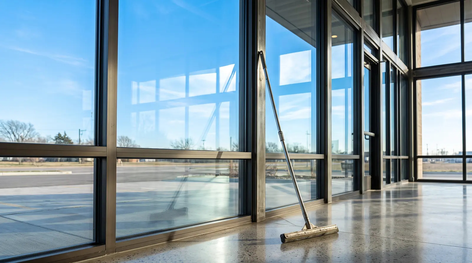 Window Cleaning | Music City Cleaner Streak-free sparkling clean floor-to-ceiling storefront glass with a blue sky reflection and a squeegee leaning on the frame